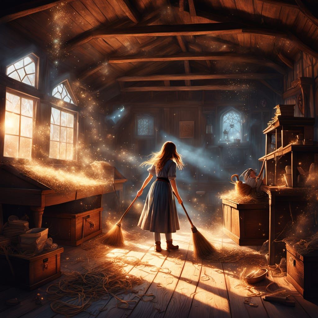 Enchanting Attic Cleaning Scene in Whimsical Fantasy Art