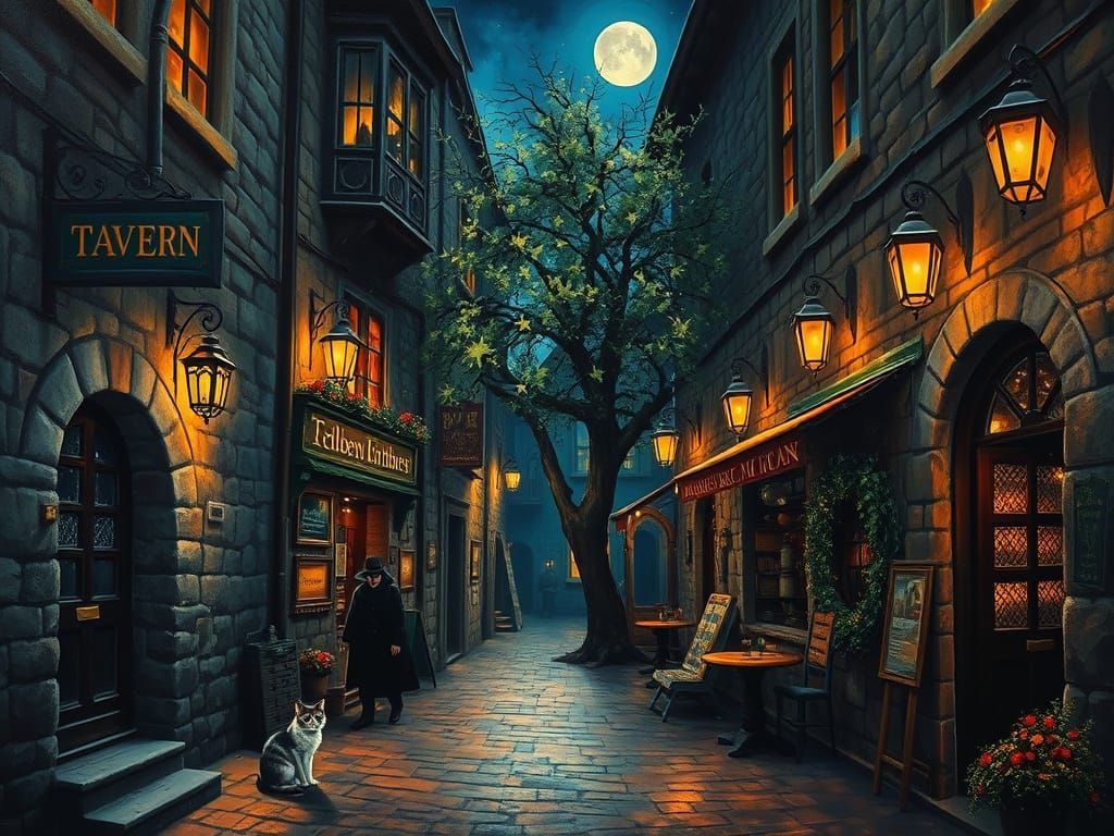 Old Town Alleyway with Mysterious Man and Glowing Lanterns