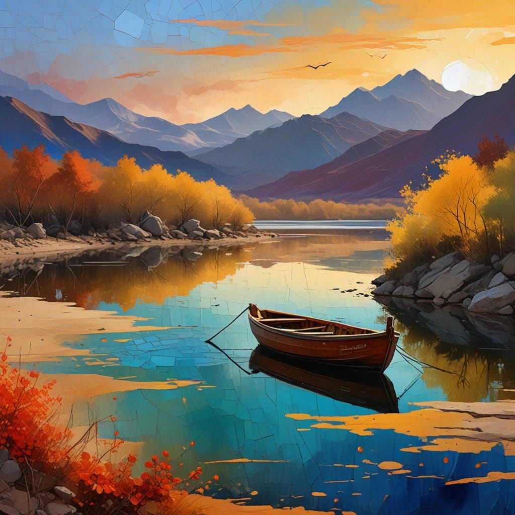 Dreamlike Lakeside Scene with Kintsugi Mosaic Boat at Sunset