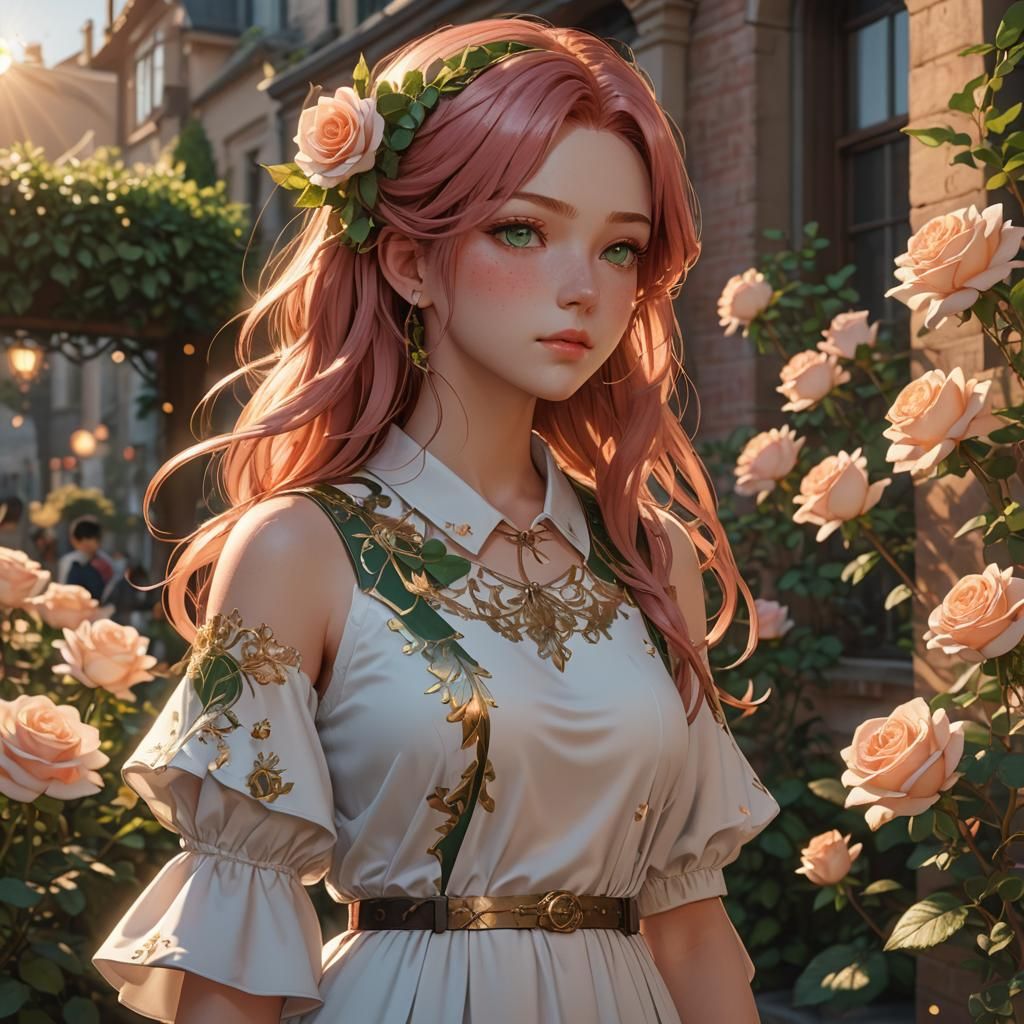 Anime Girl with Rose Hair at Golden Hour