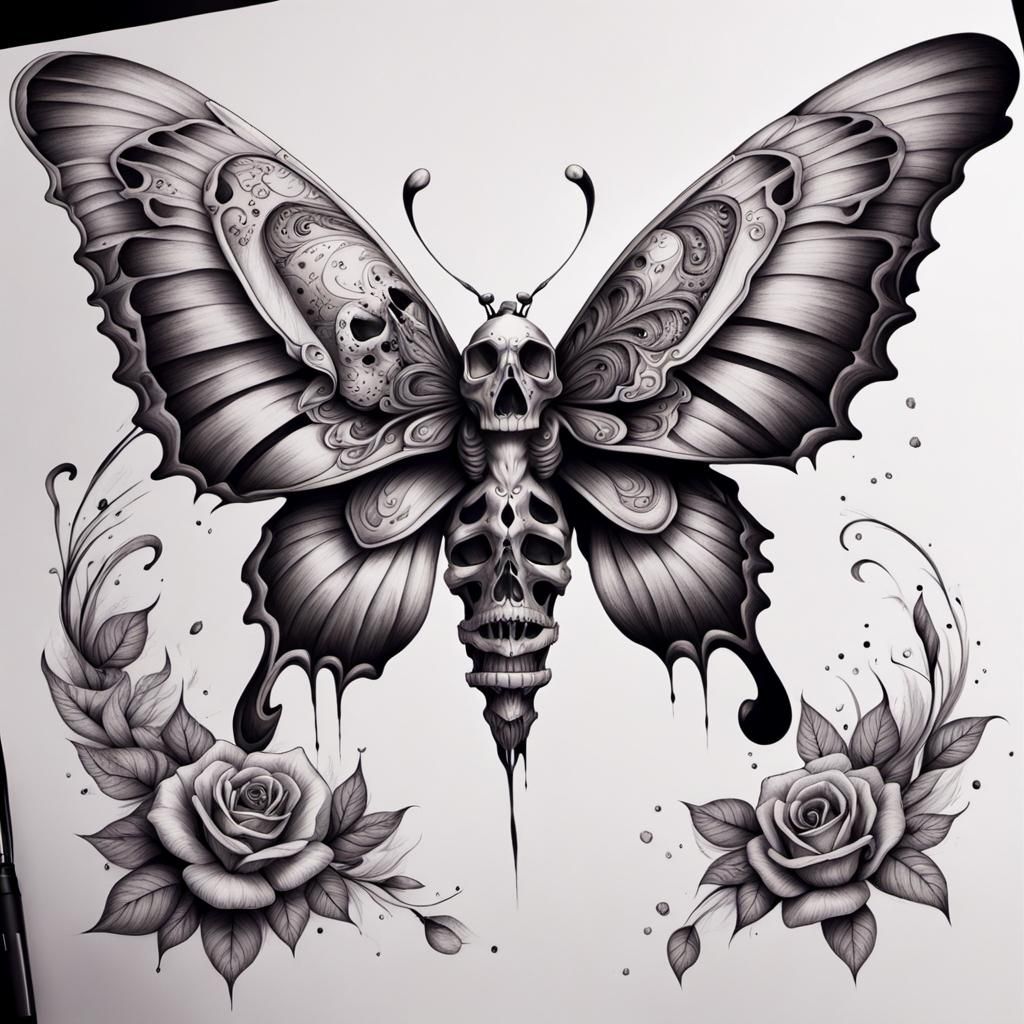 Butterfly Skull Tattoo Design: Detailed Ink Drawing