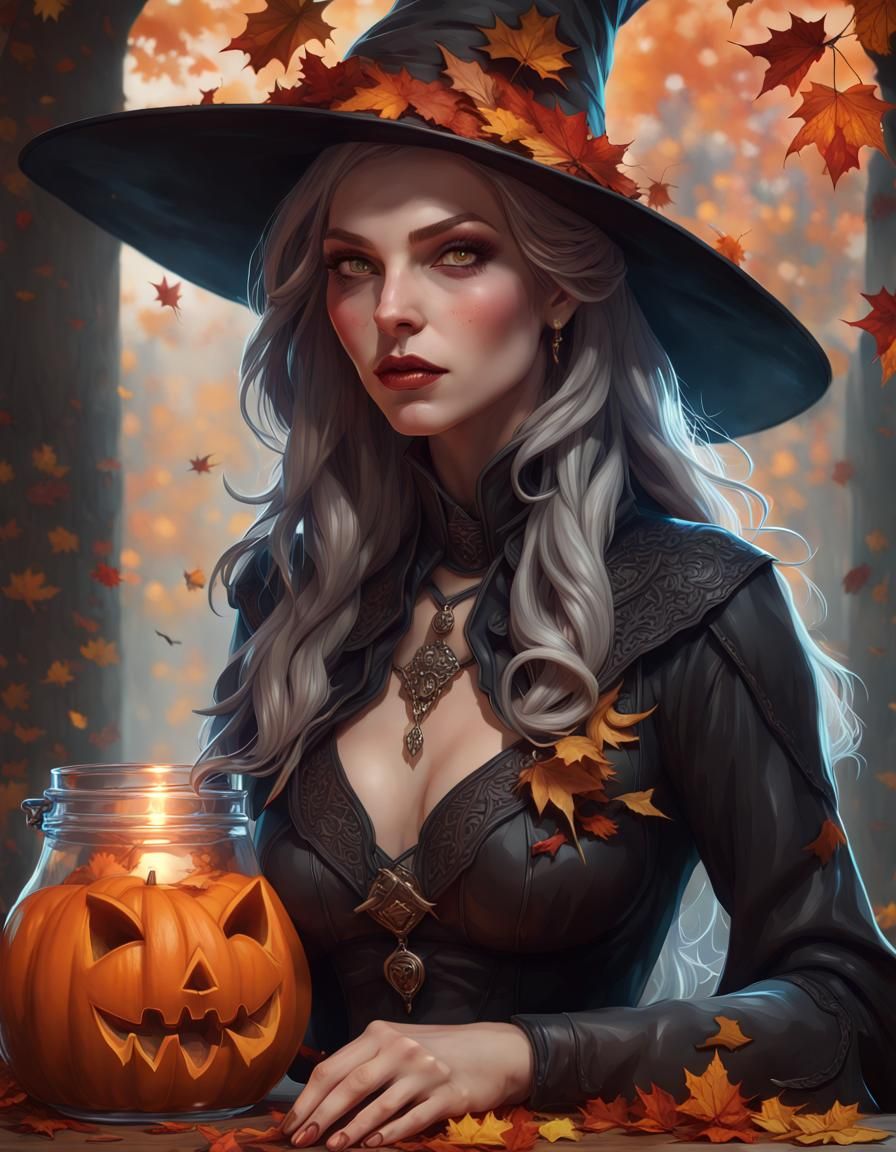 Autumn Witch Portrait in Hyperdetailed Art Nouveau Style