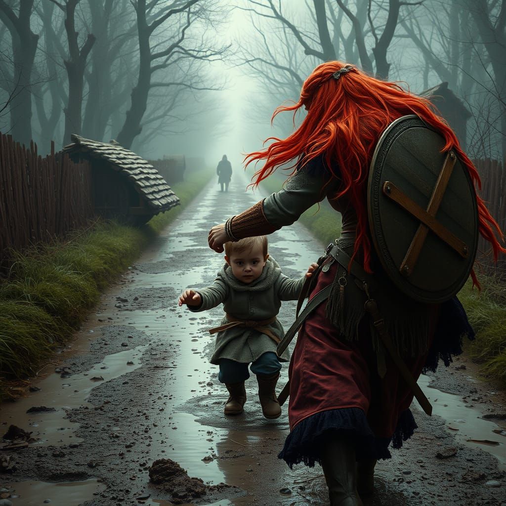 Epic Digital Painting of Red-Haired Heroine Protecting Child...
