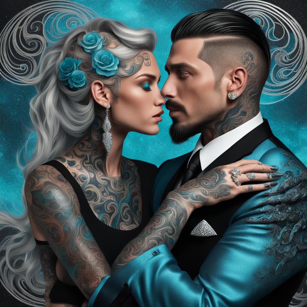 Tattooed Man and Woman with Floating Diamonds