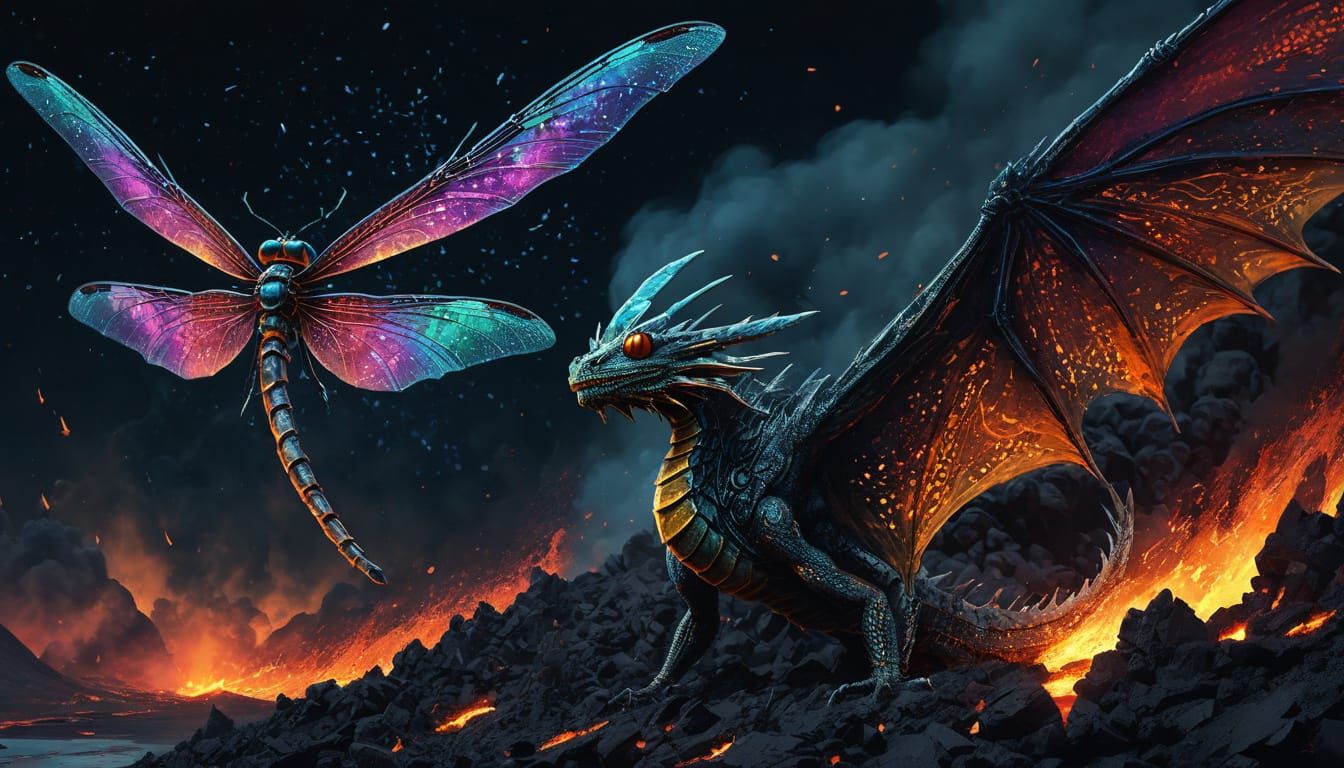 Dragon Between Night Sky and Volcanic Eruption