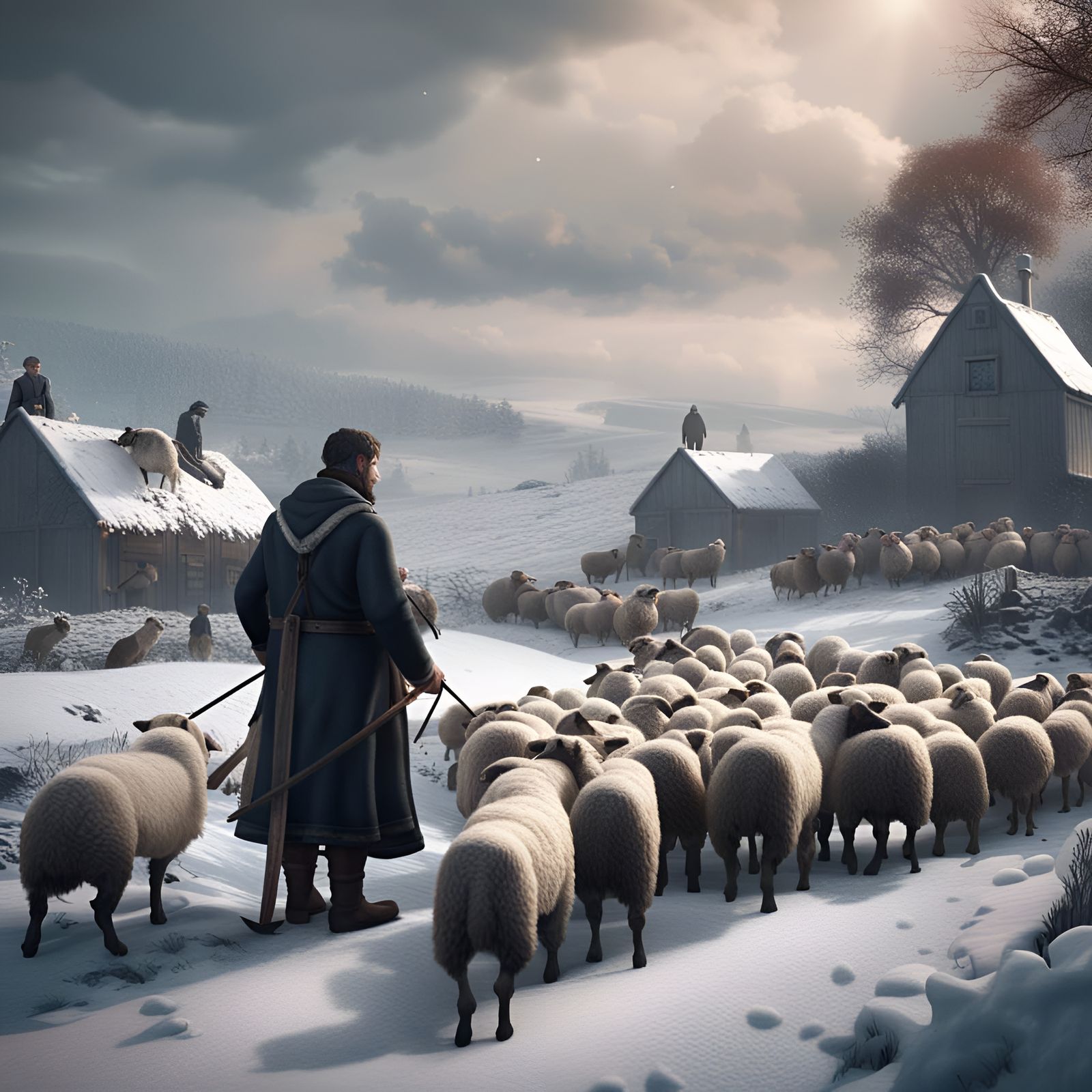 Shepherd, Dog, and Sheep in Snowy Scottish Farm