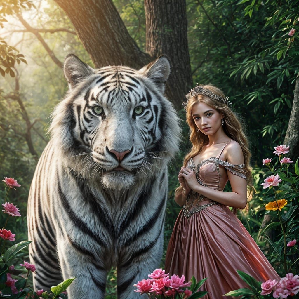 Princess and White Tiger in Enchanted Forest