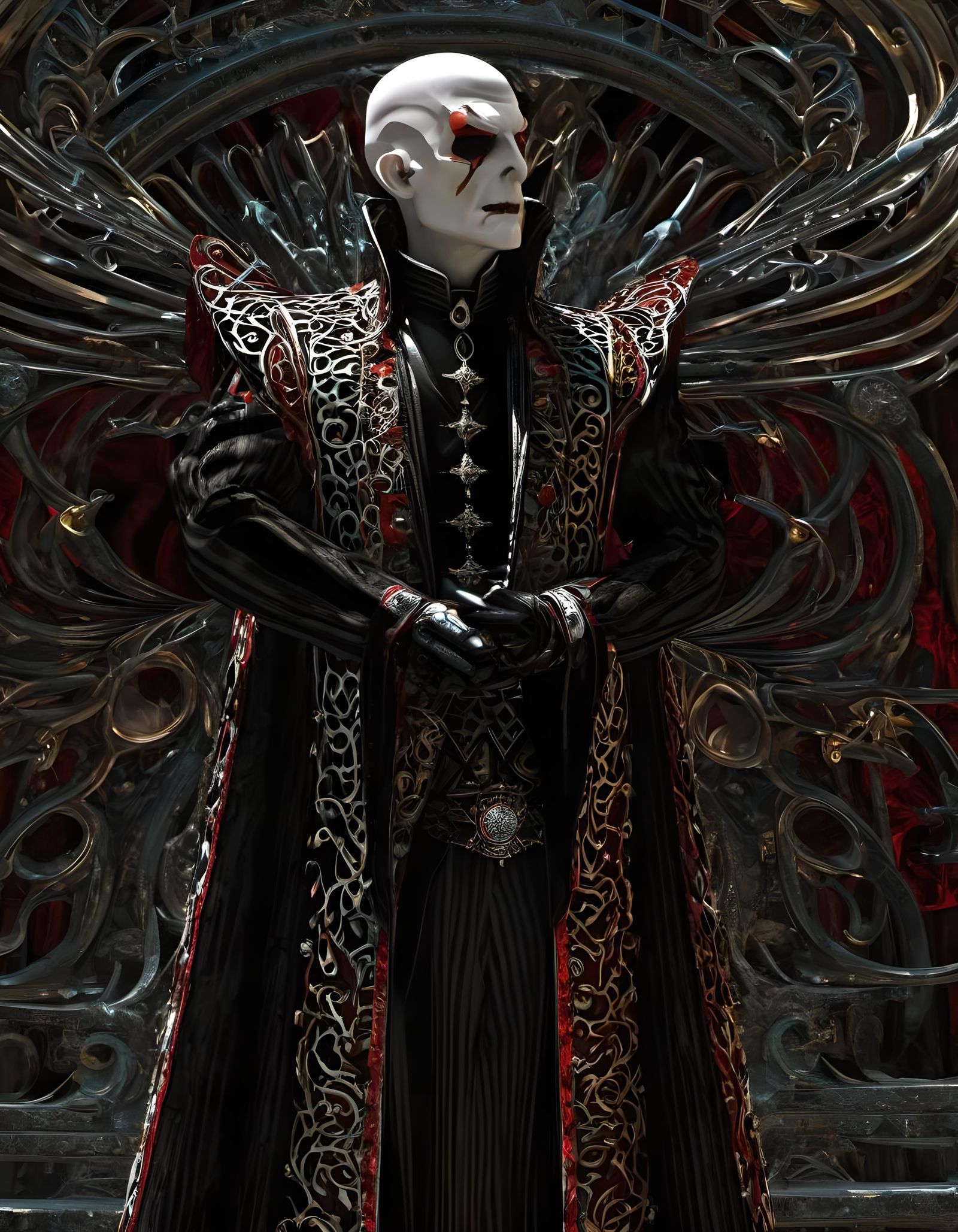 extreme long shot of Schizoid Harlequin Priest Vampire in da...