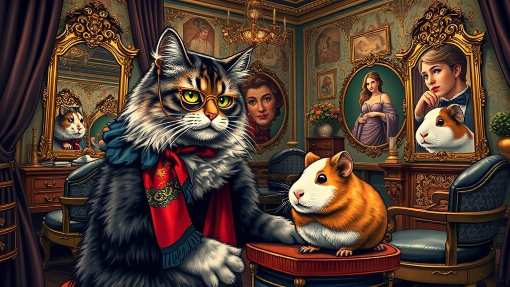 Elegant Cat Trims Guinea Pig in Vintage Parisian Salon, Comi...