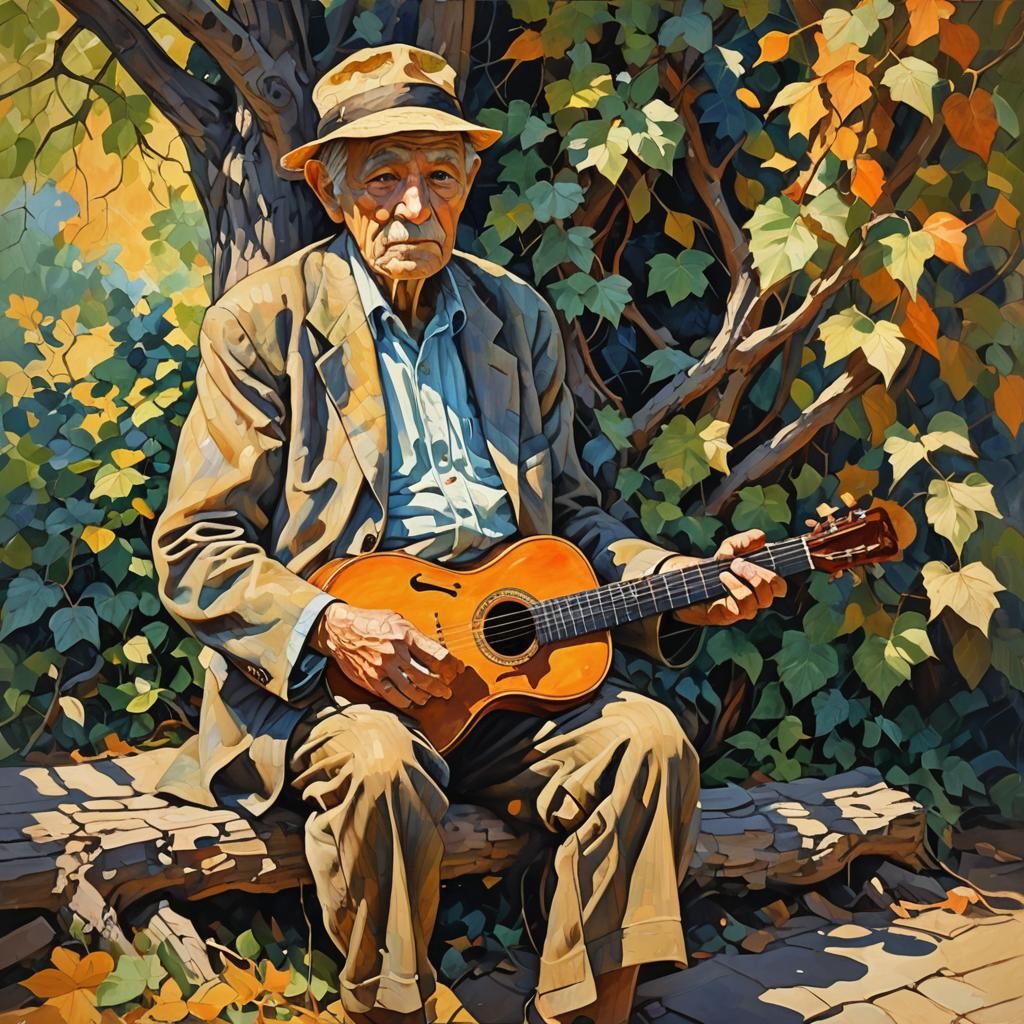 Elderly Musician in Nature as Impasto Painting