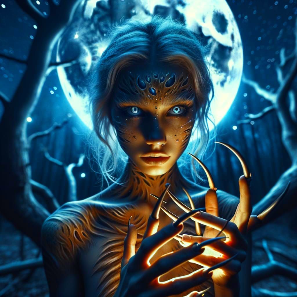 Moonlit Transformation in a Whimsical Fantasy Landscape