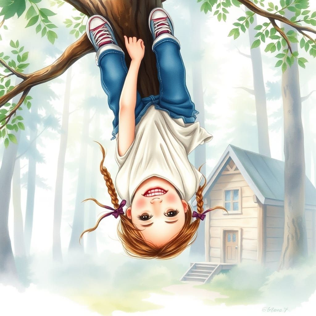 Joyful Girl Hanging Upside Down in Misty Forest Watercolor