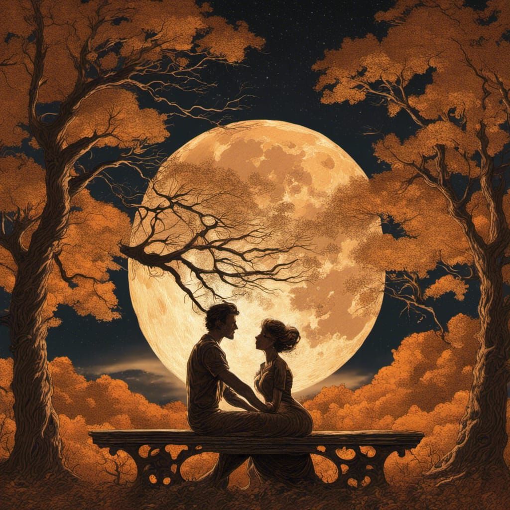 Romantic Couple Under Glittery Moon, Fantasy Art