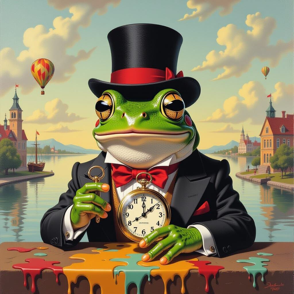 Surreal Frog in Dreamlike Scene as Oil Painting