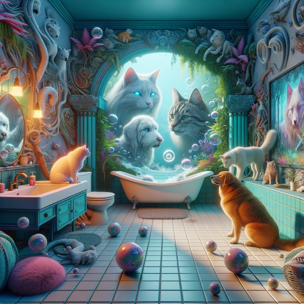 Fantastical Cats and Dogs in Surreal Bathroom