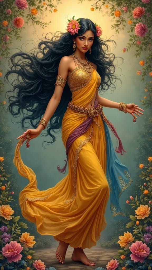 Enchanting Apsara Dancing in Mystical Garden
