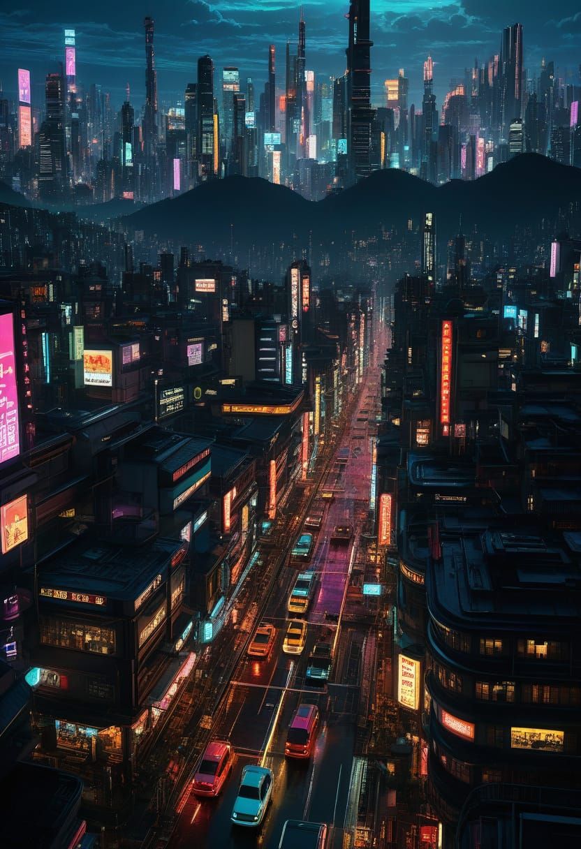 Cyberpunk Metropolis at Night: Neon and Skyscrapers