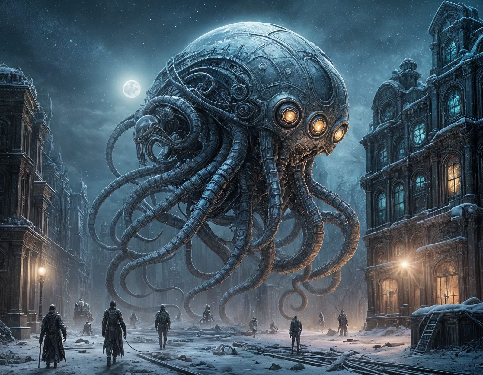 Gleaming Alien Nautilus Robot in Ruined City