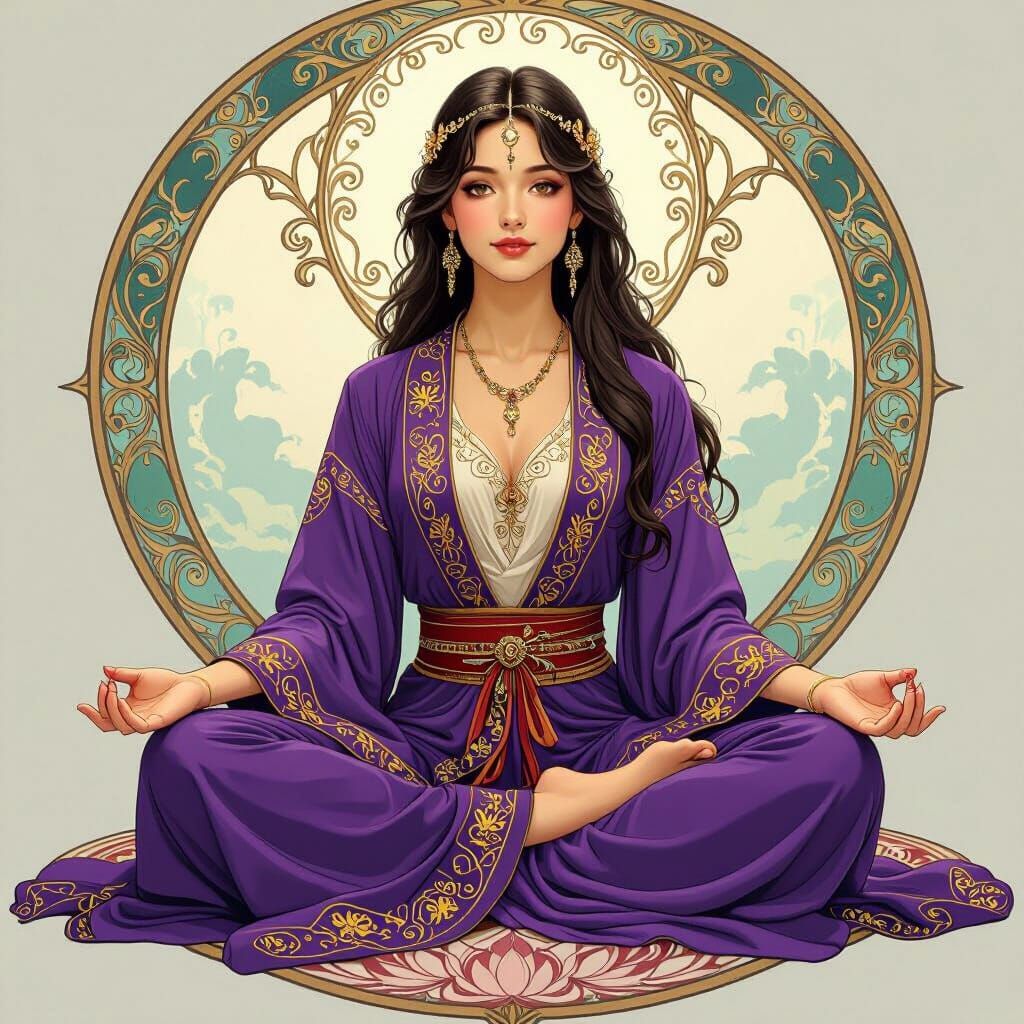 Woman in Lotus Position in Art Nouveau Style