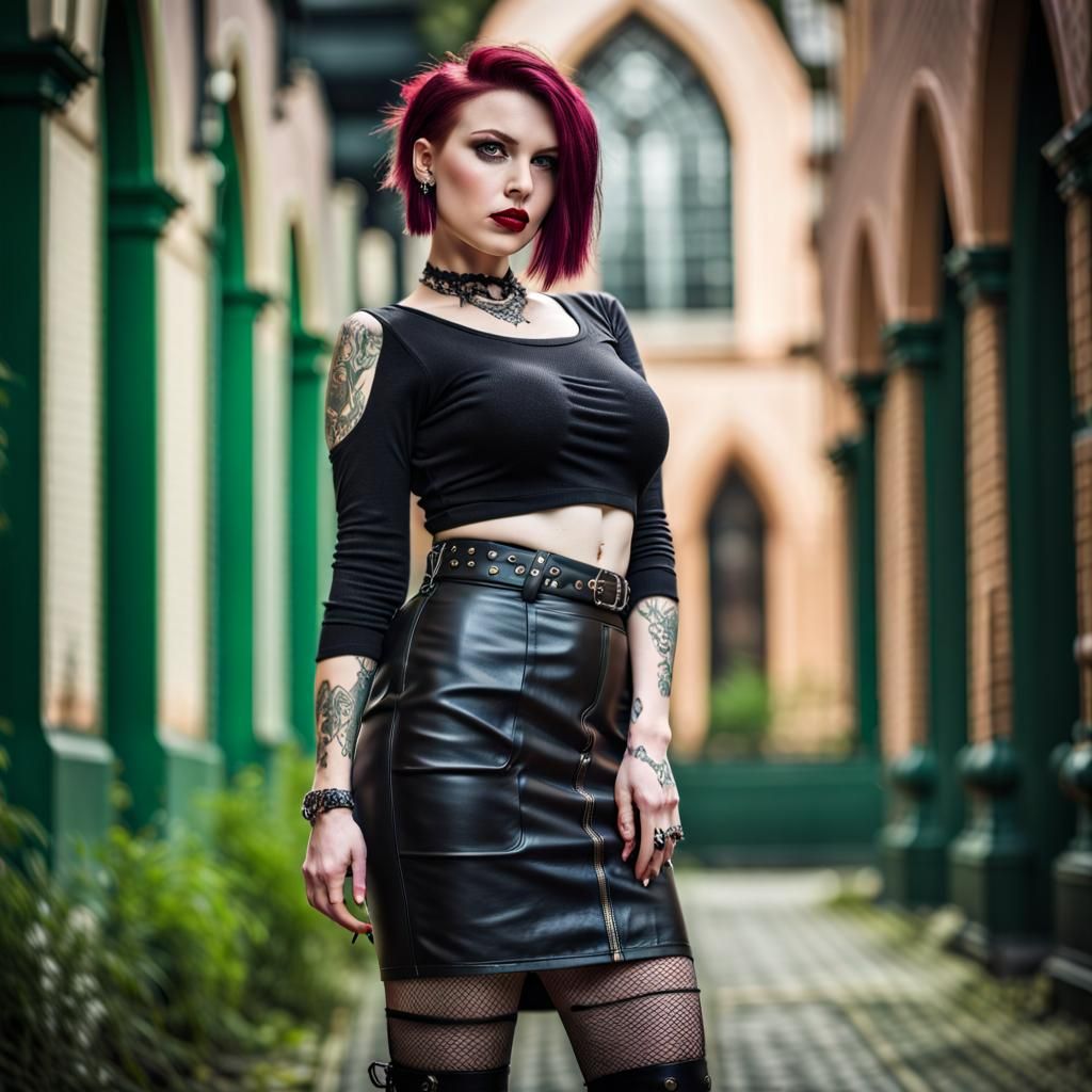 Gothic Punk Girl in Leather Skirt, Professional Photography