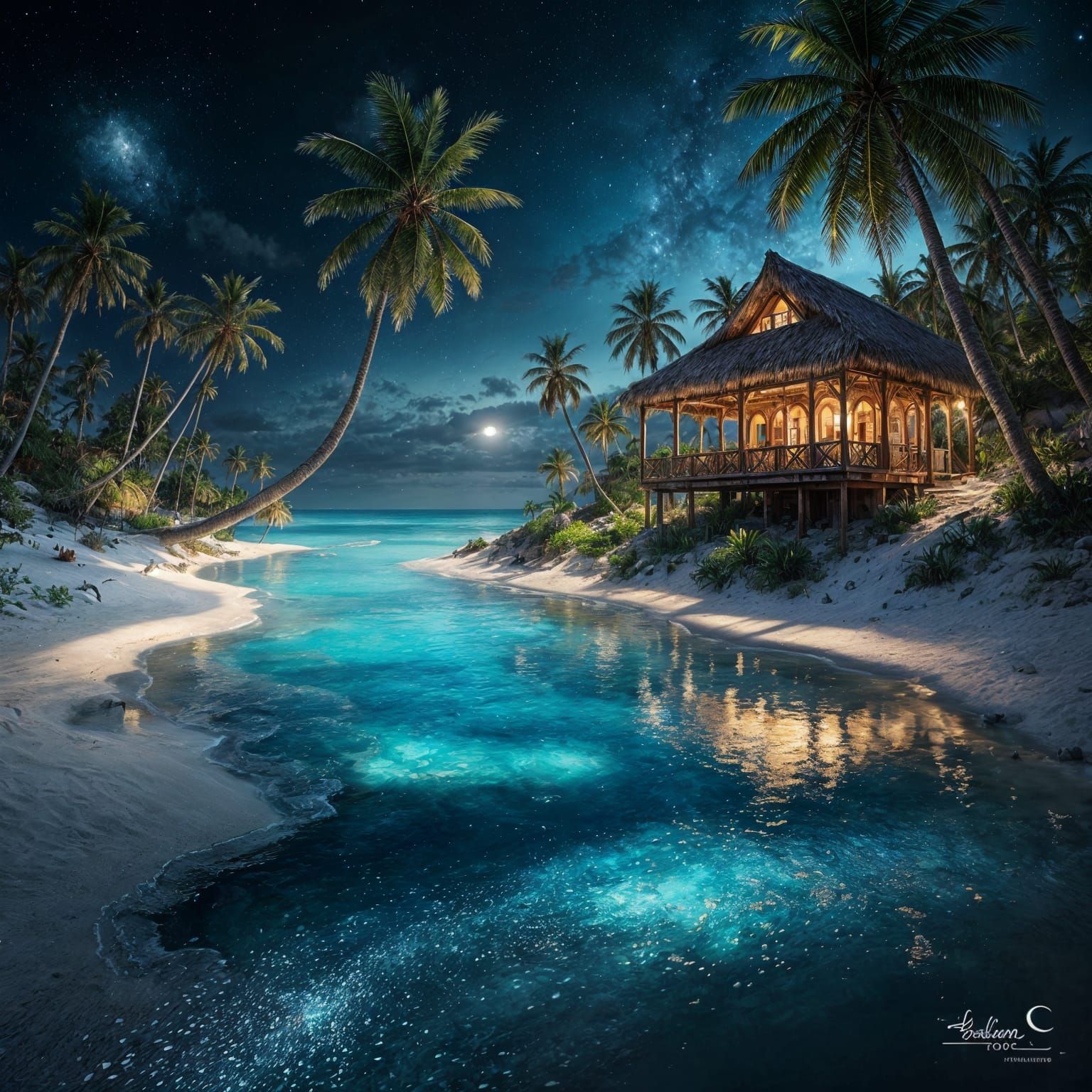 Night Paradise Island: Glittering Sands and Blue Sea