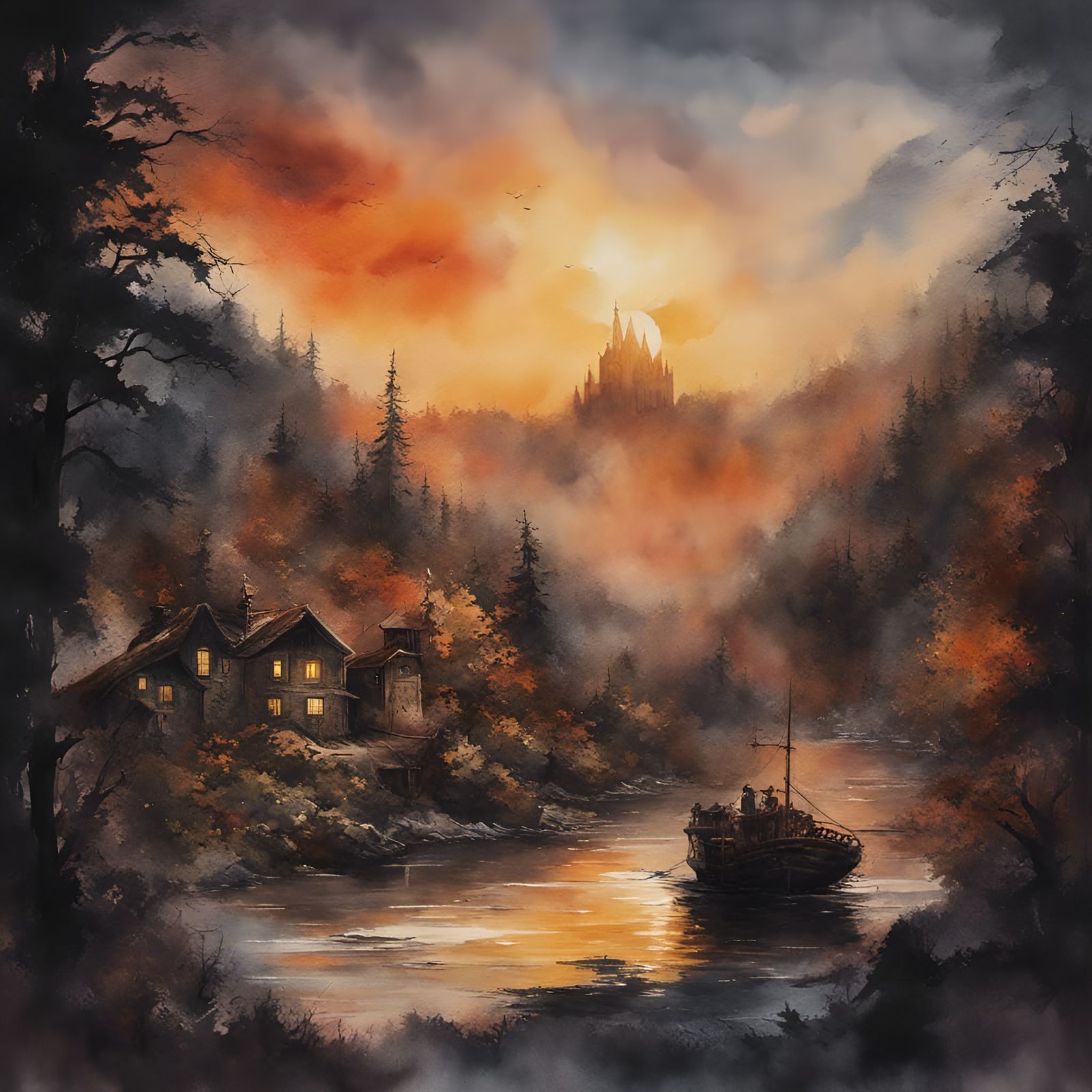 Surreal Horror Scene in Watercolor Style