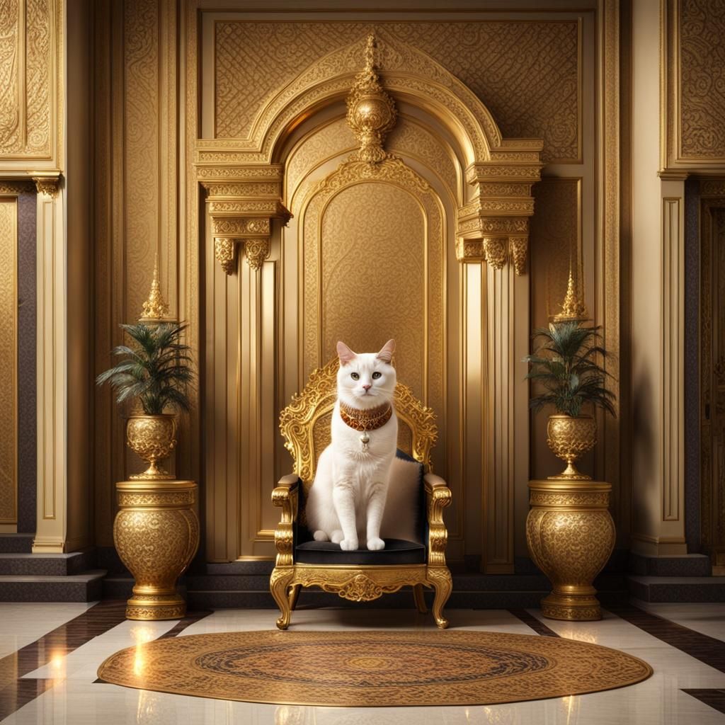 Golden Palace Cat on Throne in Luxurious Room