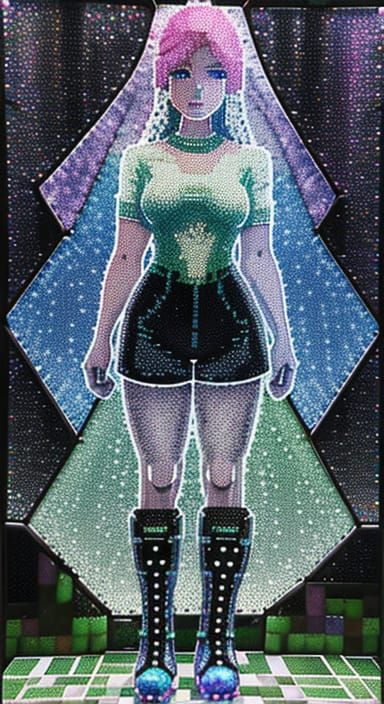 Ethereal Giantess in Medieval Town, Stained Glass Silhouette