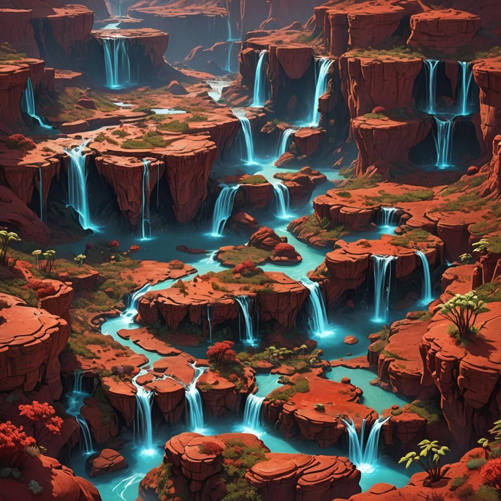 Surreal Alien Planet with Upward Waterfalls