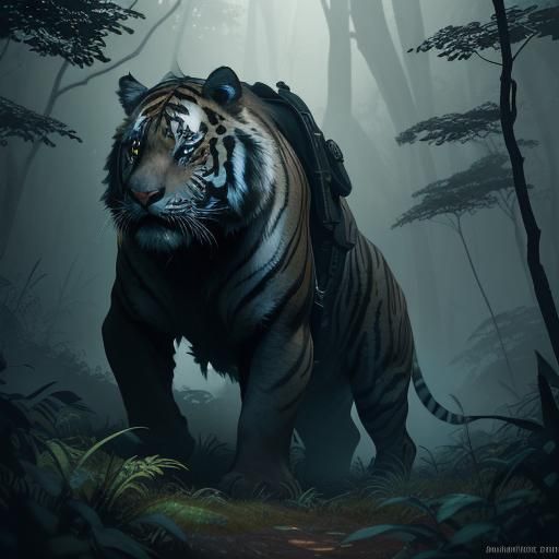 Black Tiger Stalking Prey in Dark Jungle Painting
