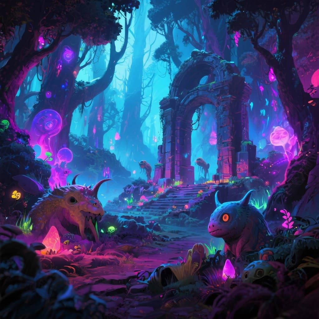 Mystical Realm with Whimsical Creatures in Vibrant Colors