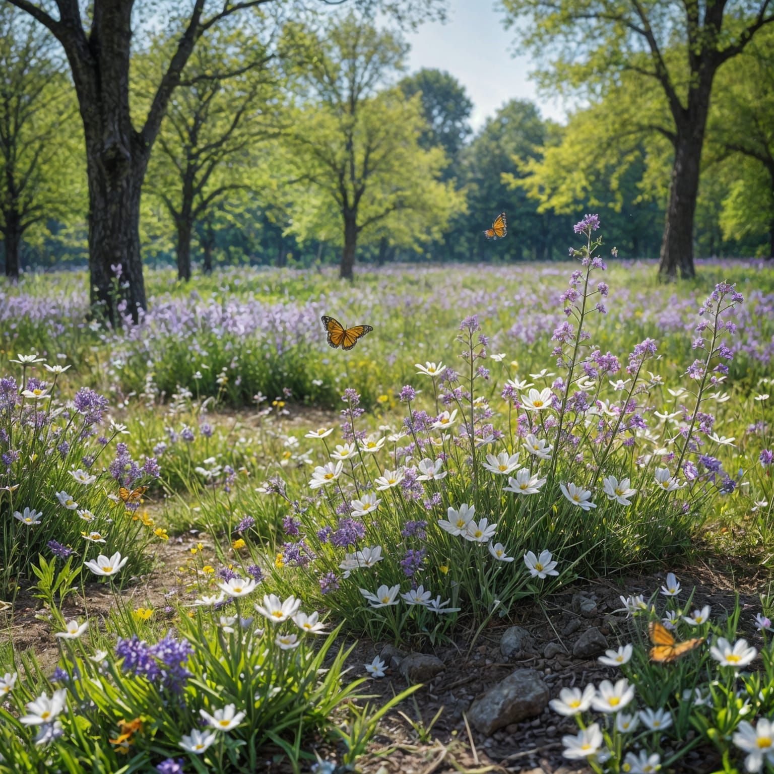 Vibrant Spring Florals in a Serene Meadow