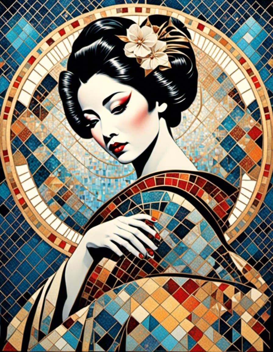 Sad and wistful Geisha full body portrait in mosaic geometri...