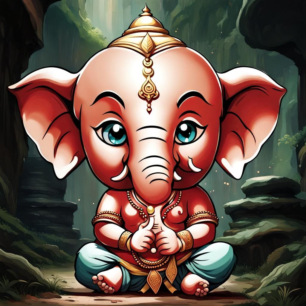 Chibi Ganesh Heroically Battling Demons in Ghibli Style