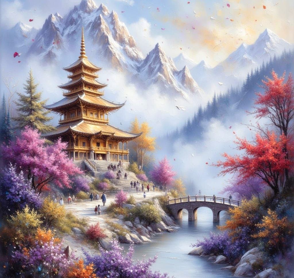 Misty Temple on Mountain Summit as Impasto Painting