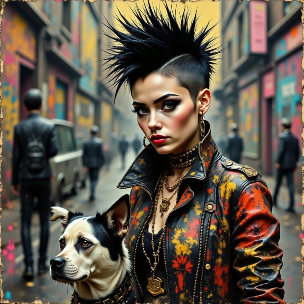 A punk, spiky pointy hair strong makeup and her Dog