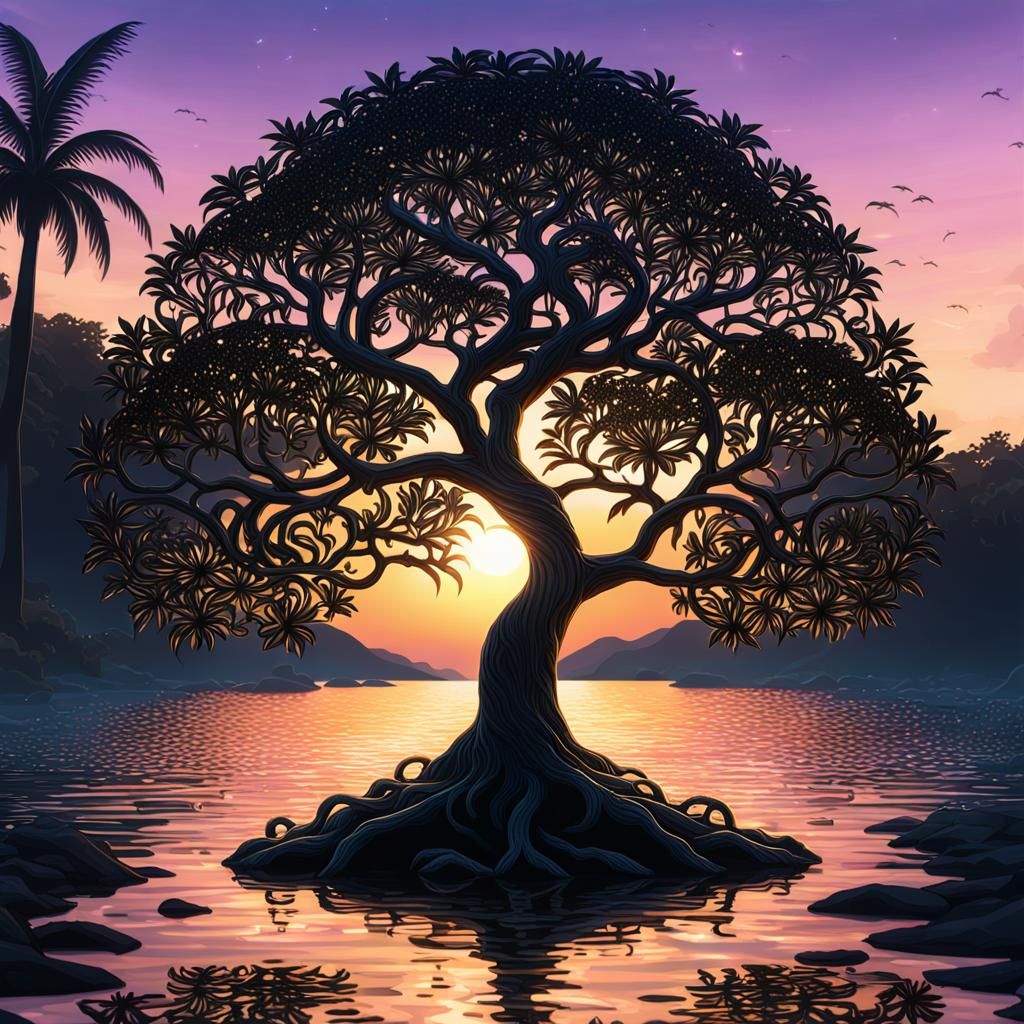 Stargazer Lily Tree, Island, Sunset, tree of life. Silhouette. Dolphin gold filigree, intricate details. π πͺ