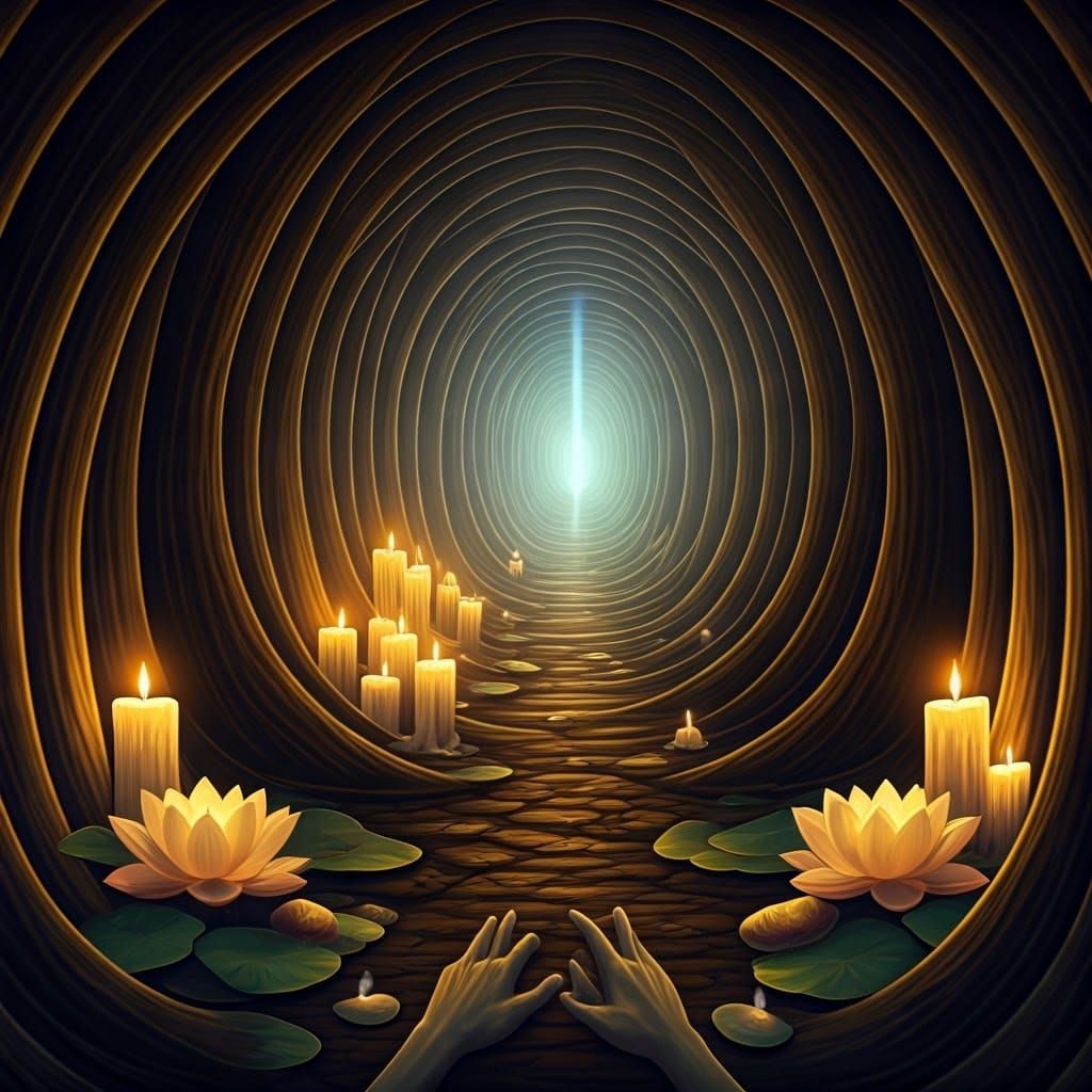 Mystical Cave Lit by Lotus Flowers: A Dreamlike Vision