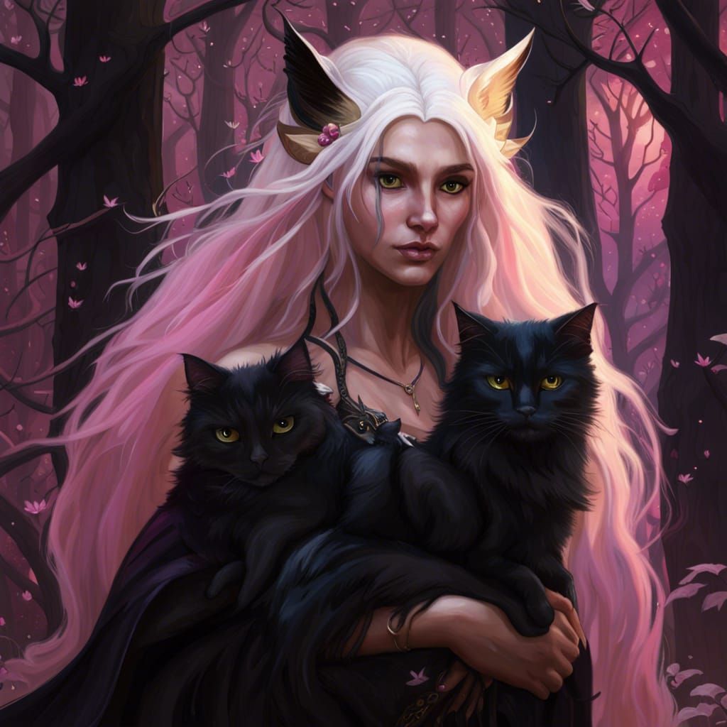 Elven Fairy with Black Cat in Dark Fantasy Style