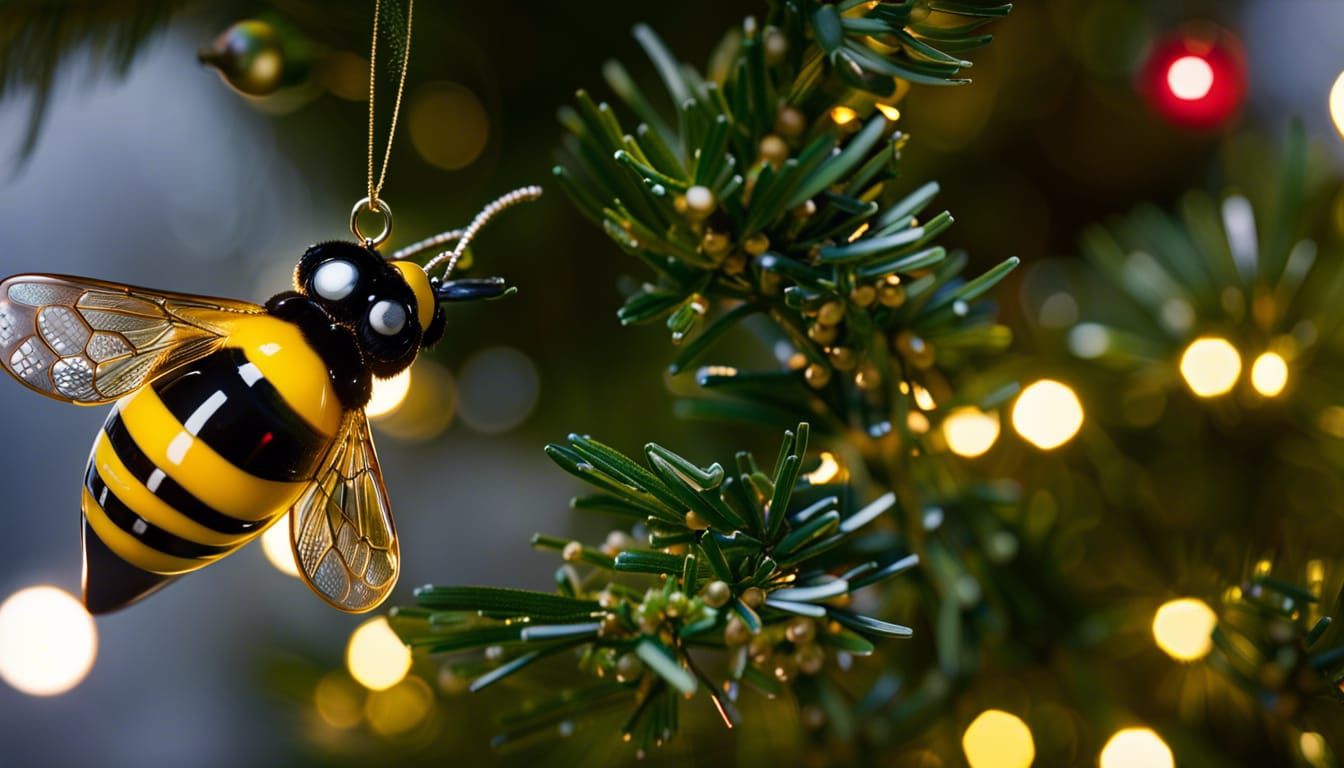 Blown glass bumblebee as a Christmas tree ornament.