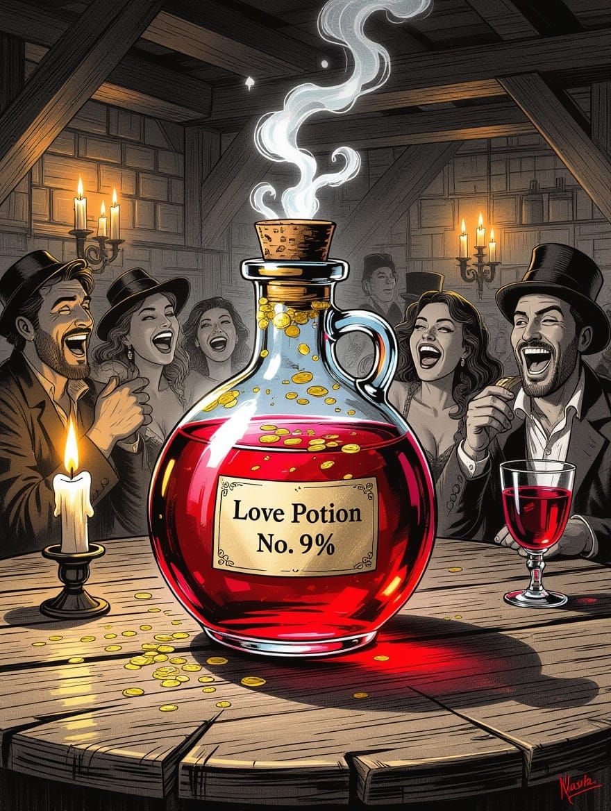 Mysterious Love Potion in Gritty, Charcoal Drawing Style