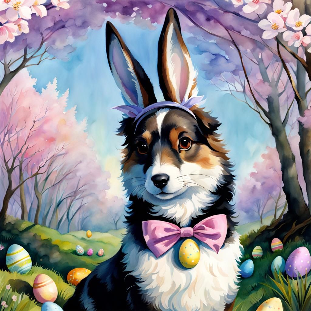 Easter Dog-Bunny in Egg Forest, Watercolor Illustration
