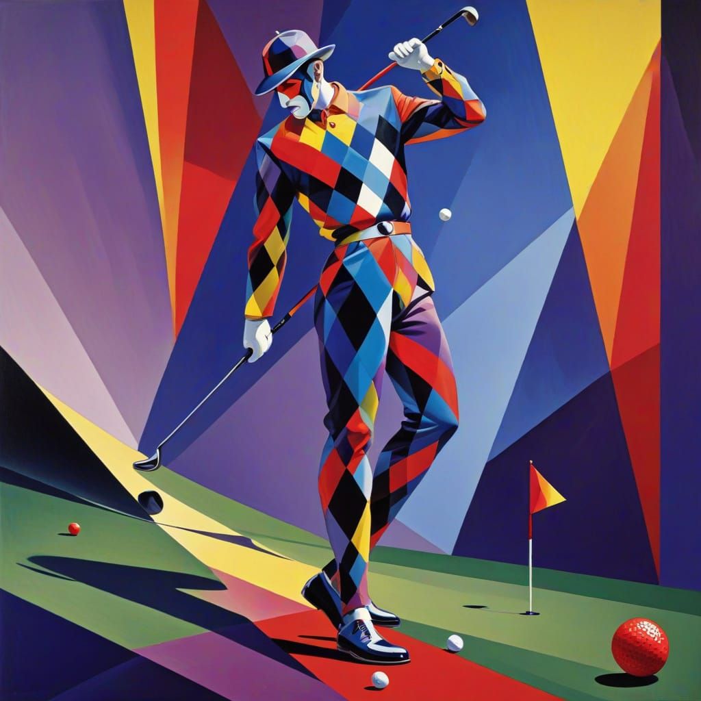 Harlequin Golf Scene in Fractal Cubism Style