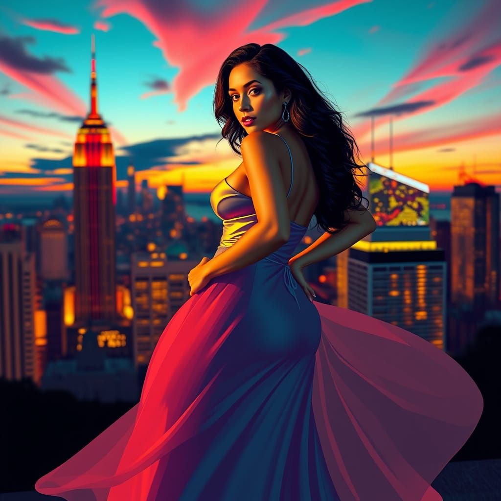 Confident Woman in Gown Against Cityscape, Digital Art