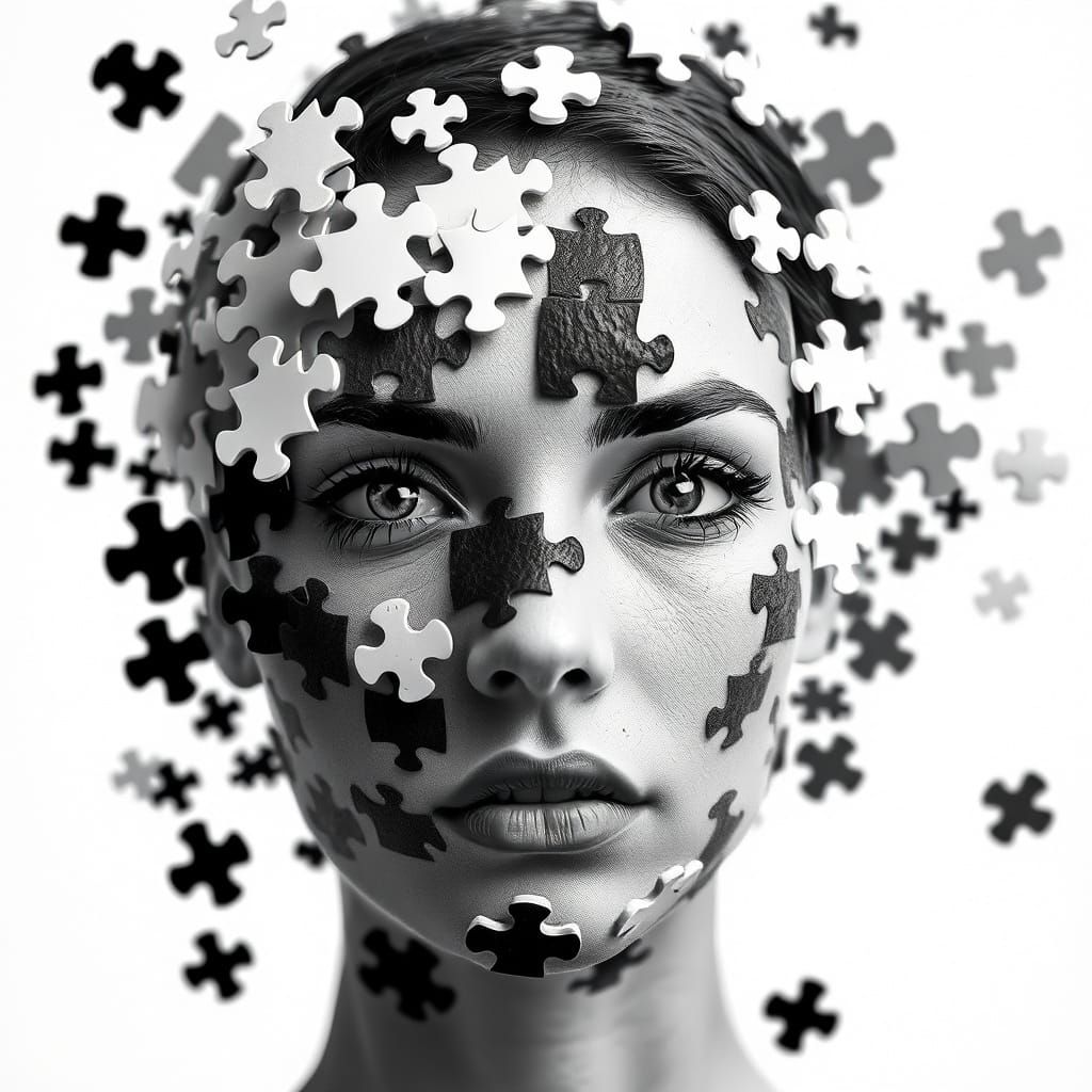 Emergence: Woman Revealed as Puzzle Pieces Dissolve