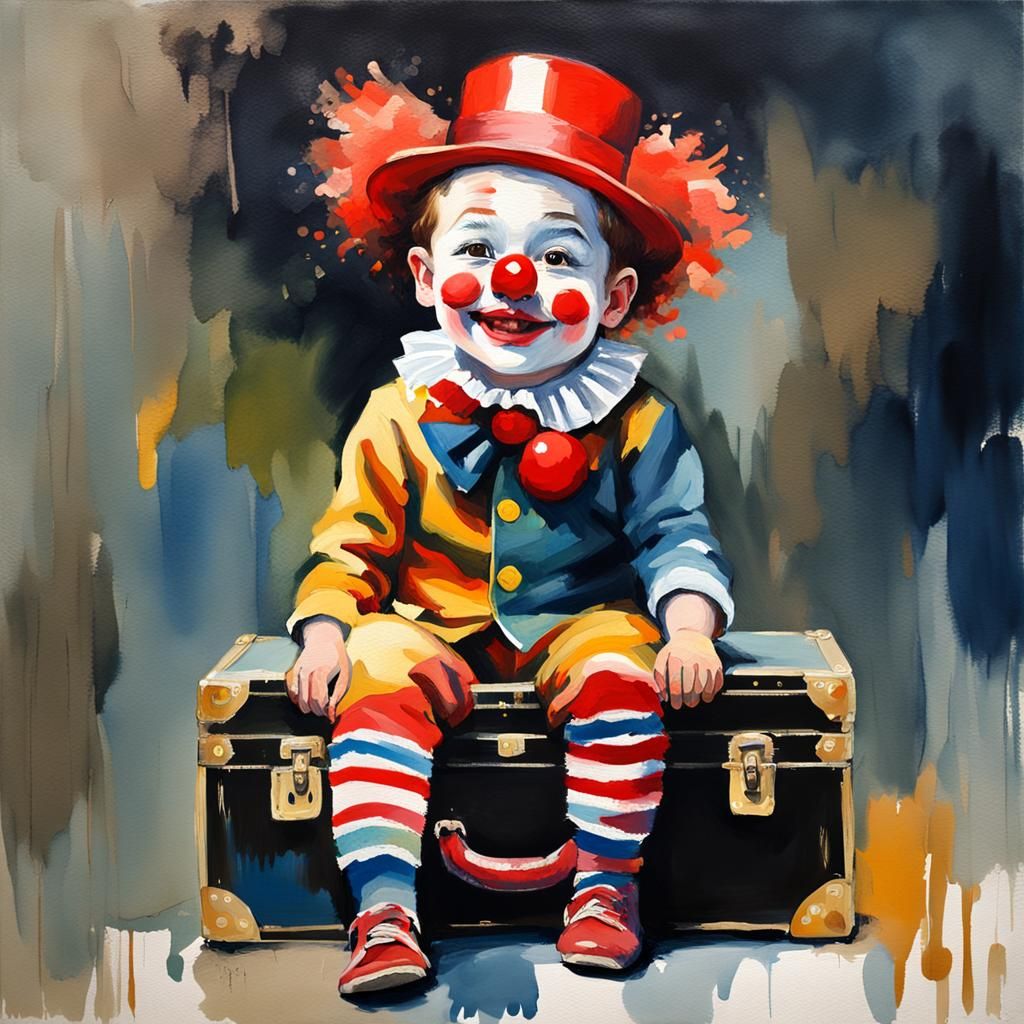 Child Clown in Gouache Style Watercolor Painting