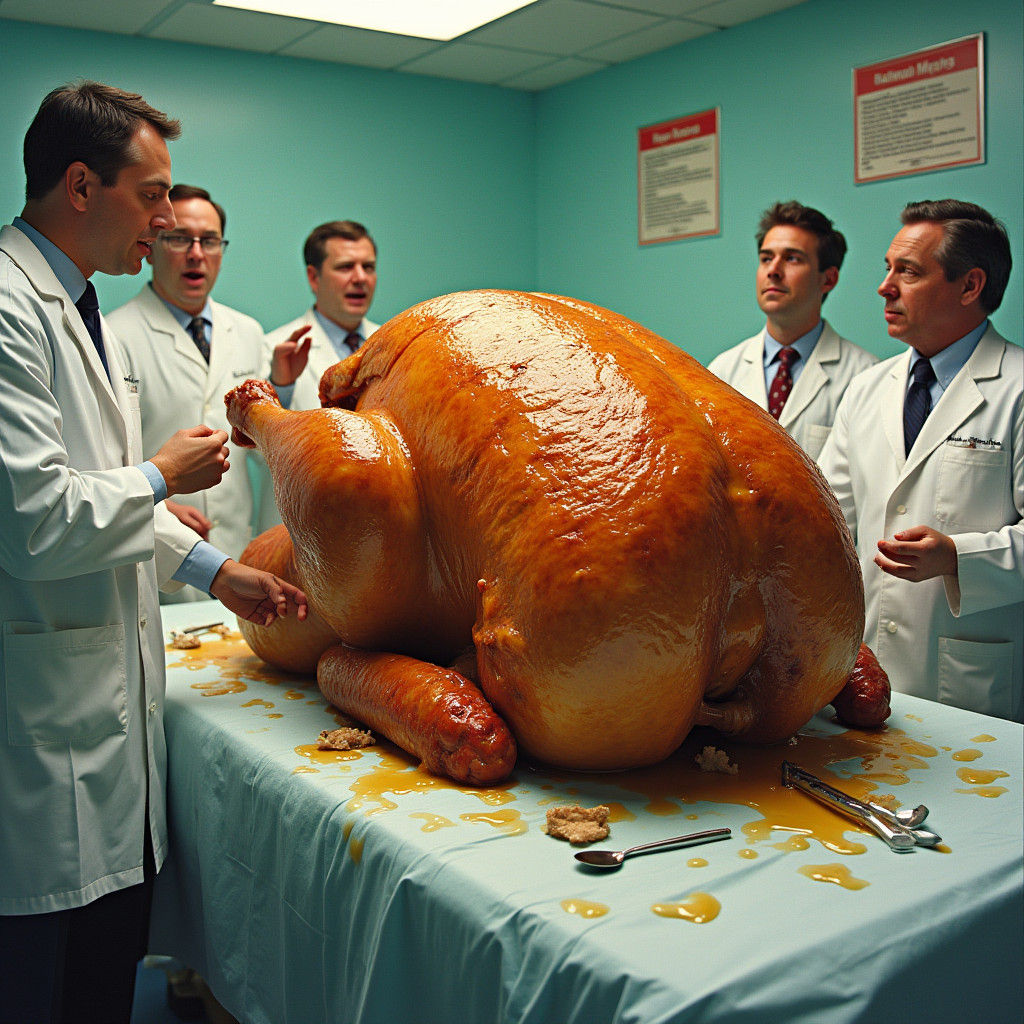 Surreal Hospital Scene: Rotisserie Chicken Emergency