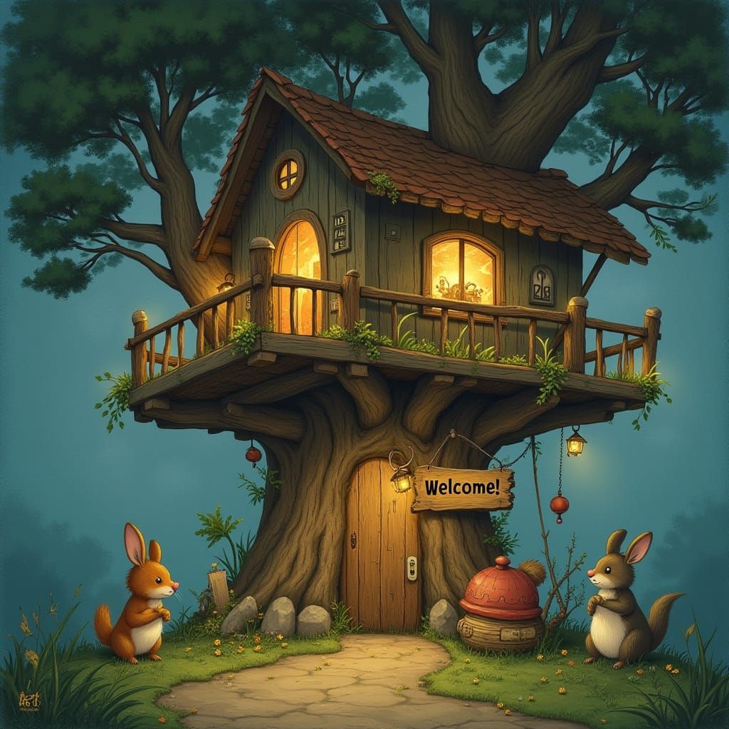 Cozy Treehouse Scene with Forest Critters