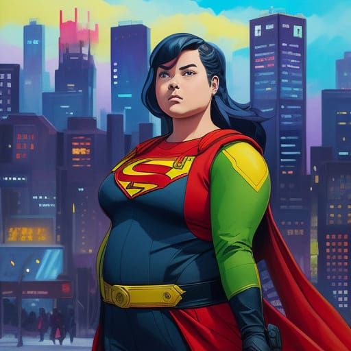 Chubby Female Superhero M in Gouache Comic Art Style