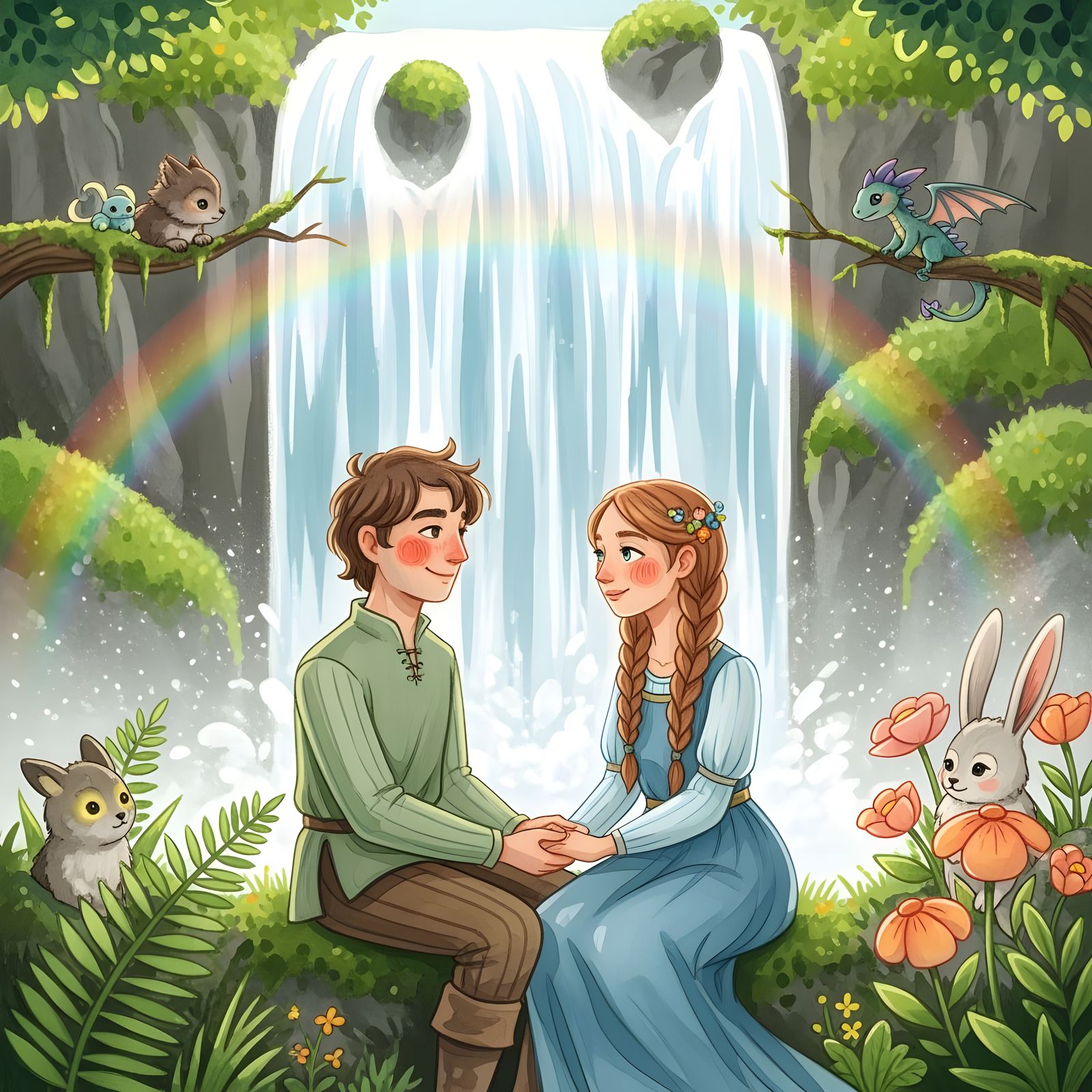 Whimsical Couple by Waterfall in Gouache Style